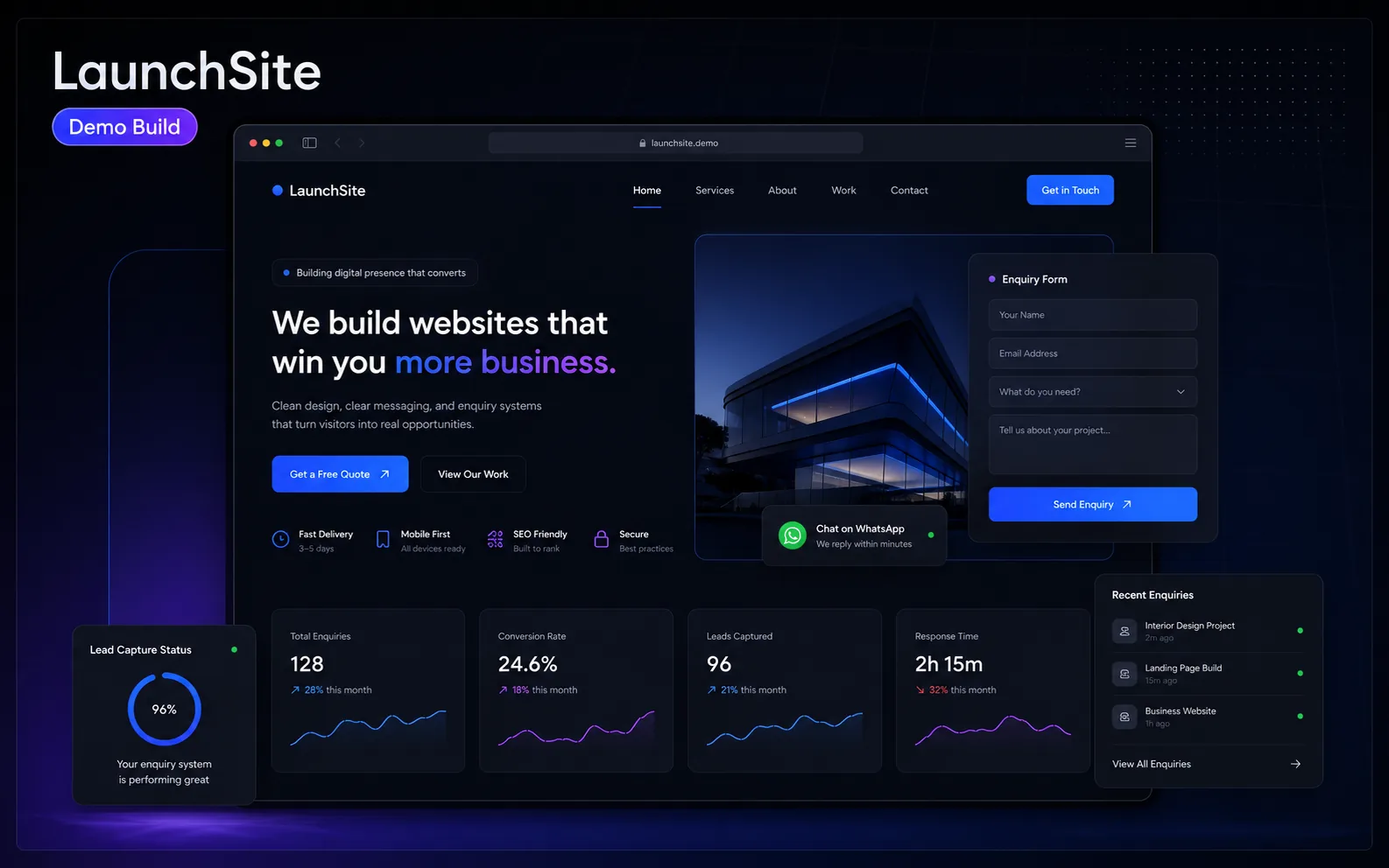 Dark premium LaunchSite website enquiry system demo interface